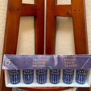 Vintage..Masserini Shot Shooter Glasses 2 oz Blue  Striped W/ Gold-